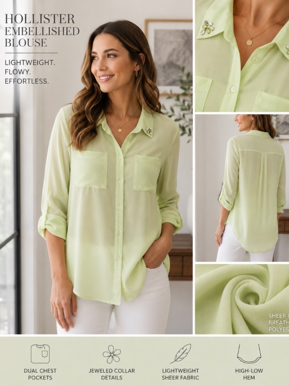 Hollister Embellished Collar Button-Front Blouse | Size L | Mint Green | EUC